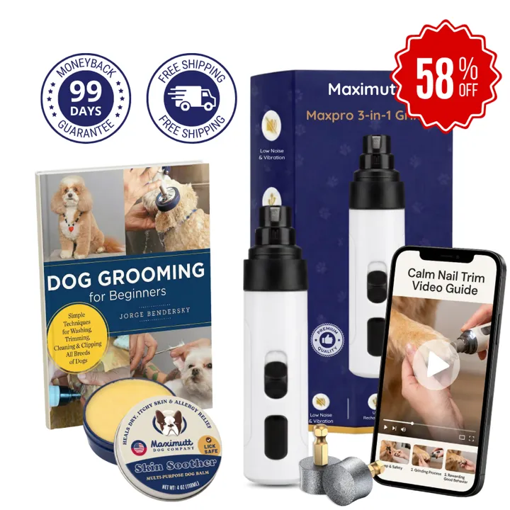 MaxPro 3-in-1 Grinder bundle: 99-day guarantee, free shipping, grooming book, bonus drums, and a calm-trim video guide